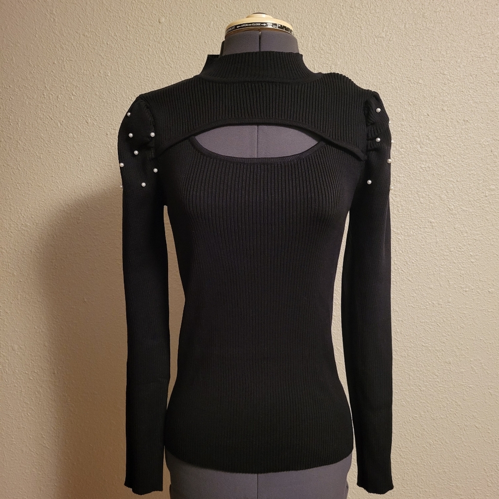 NWT Questions? Black Black Ribbed Knit Peekaboo Sweater Top Size Large